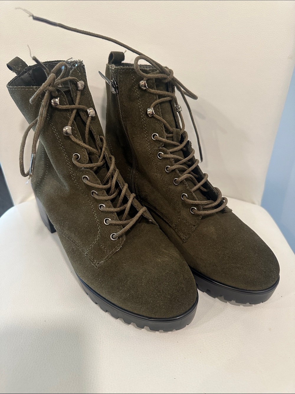 Anne Klein Women's Olive Suede Lace-Up Ankle Boots with zipper